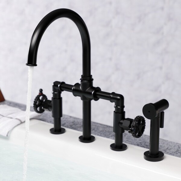 KS2330CG Industrial Style Bridge Kitchen Faucet With Brass Sprayer, Matte Black